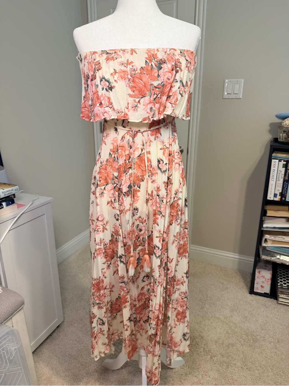 Aakaa Strapless Floral Maxi Dress in Peach and Cream
